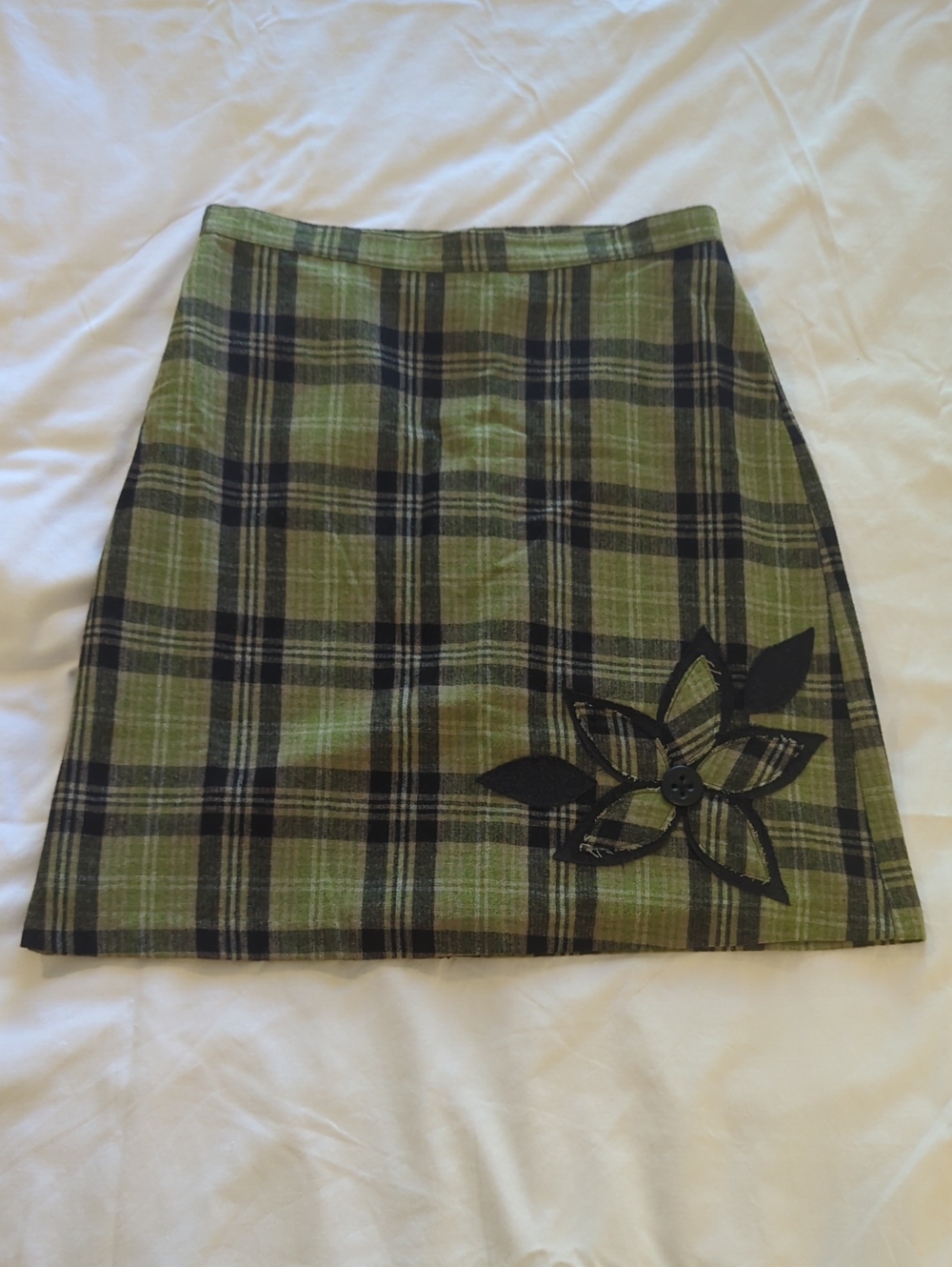 Plaid Green A-Line Skirt with Floral Appliqué - Mandala